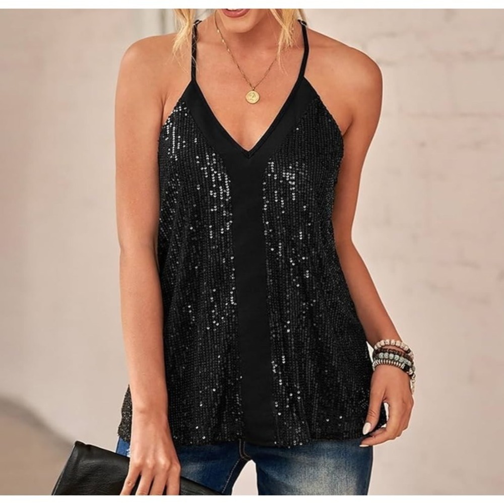 Black Sequin Cami Tank Sz L Racerback Party Club Going Out Indie Sleaze Glam - Picture 2 of 9